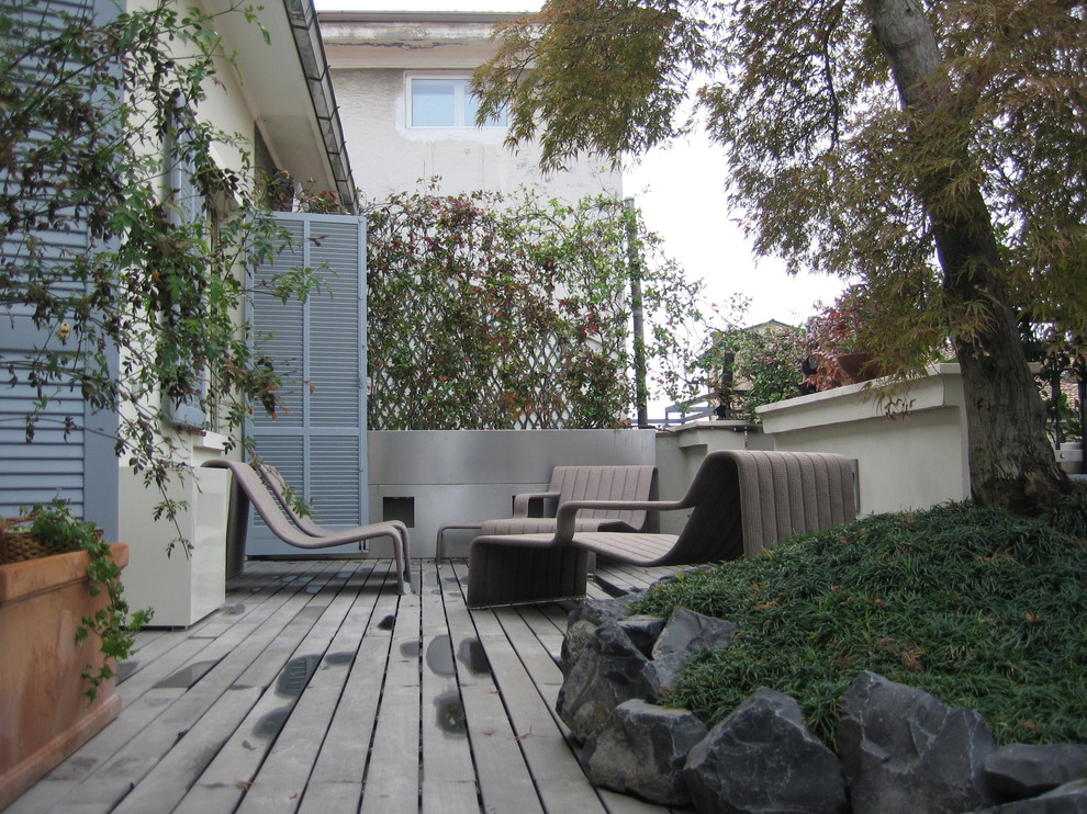 Immagine di una terrazza design di medie dimensioni e sul tetto con un giardino in vaso e nessuna copertura