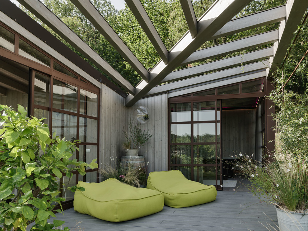Cette image montre une terrasse avec des plantes en pots design de taille moyenne avec une pergola.