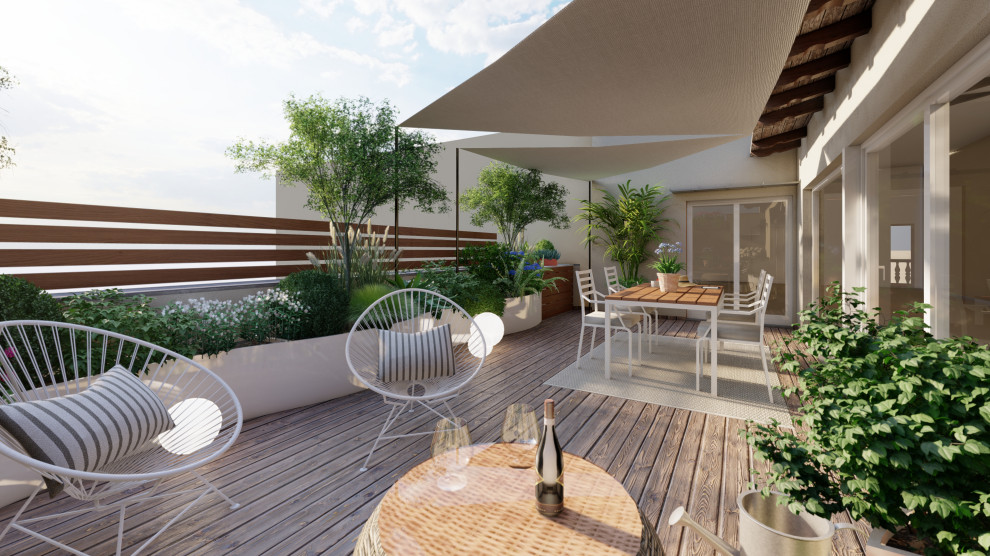 Immagine di una terrazza moderna di medie dimensioni con un giardino in vaso e un parasole