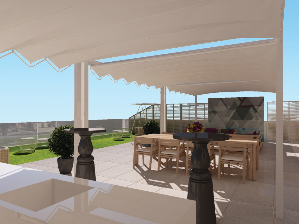 Inspiration for an expansive contemporary side terrace in Other with an outdoor kitchen and a pergola.