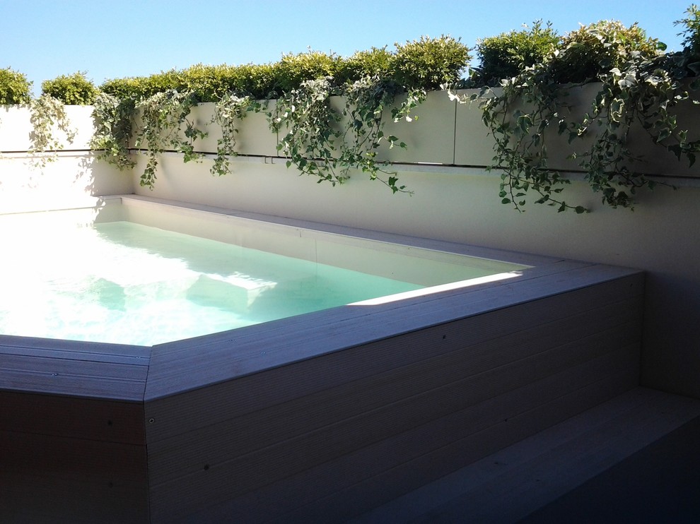 Ispirazione per una piccola terrazza contemporanea sul tetto con un giardino in vaso e un tetto a sbalzo