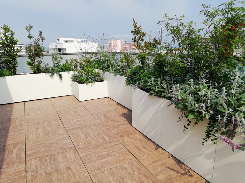 This is an example of a large roof terrace in Venice with a potted garden.