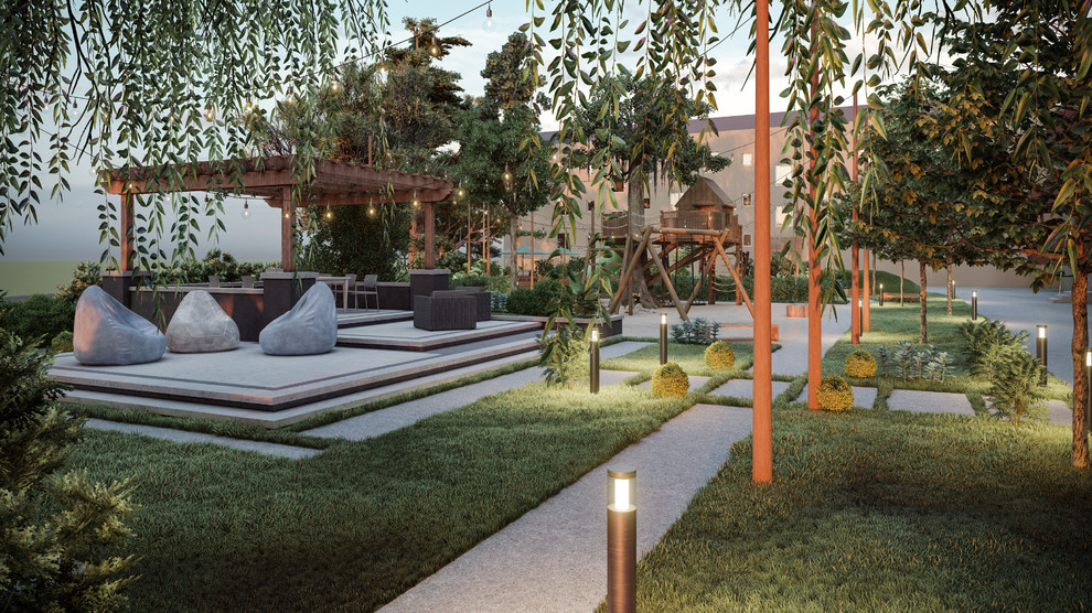 Immagine di un grande giardino xeriscape minimal esposto a mezz'ombra davanti casa con pavimentazioni in pietra naturale