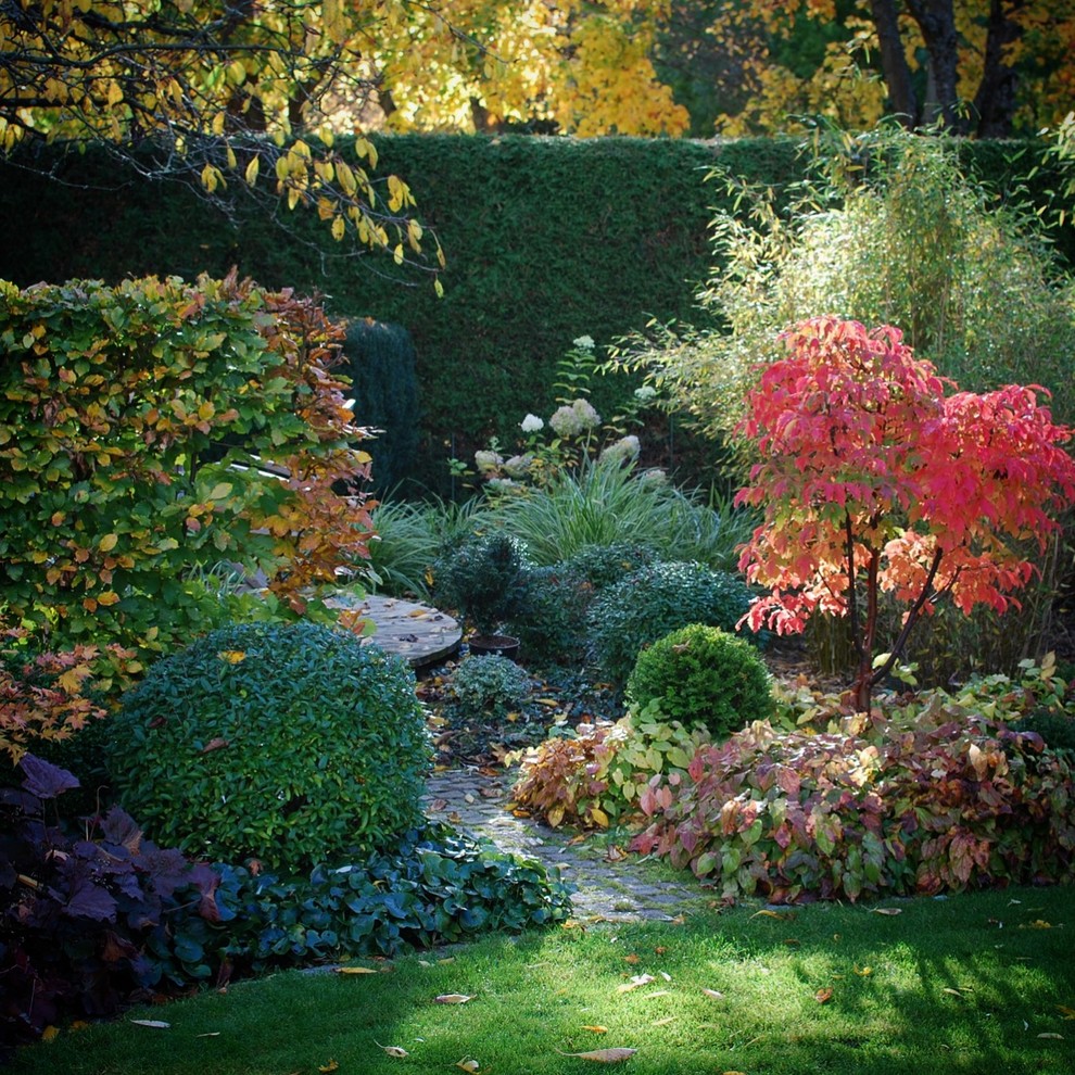 Foto di un giardino contemporaneo esposto a mezz'ombra di medie dimensioni e dietro casa in autunno con pavimentazioni in pietra naturale
