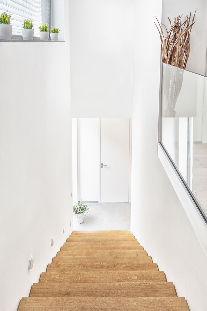 Foto de escalera recta contemporánea grande con escalones de madera, contrahuellas de madera y barandilla de vidrio