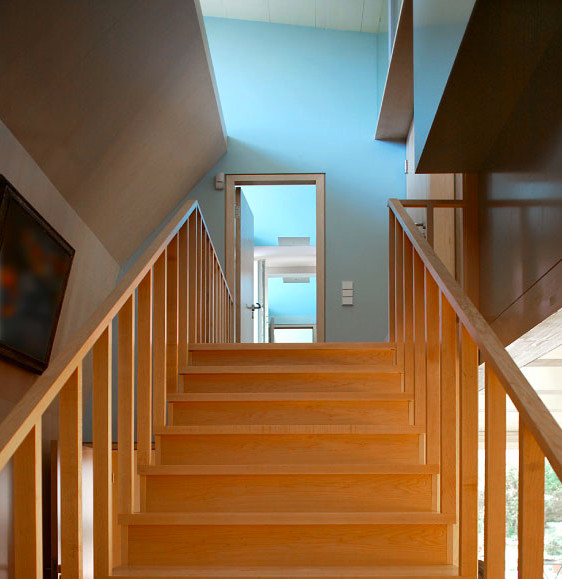 Стильный дизайн: прямая деревянная лестница среднего размера в современном стиле с деревянными ступенями и деревянными перилами - последний тренд