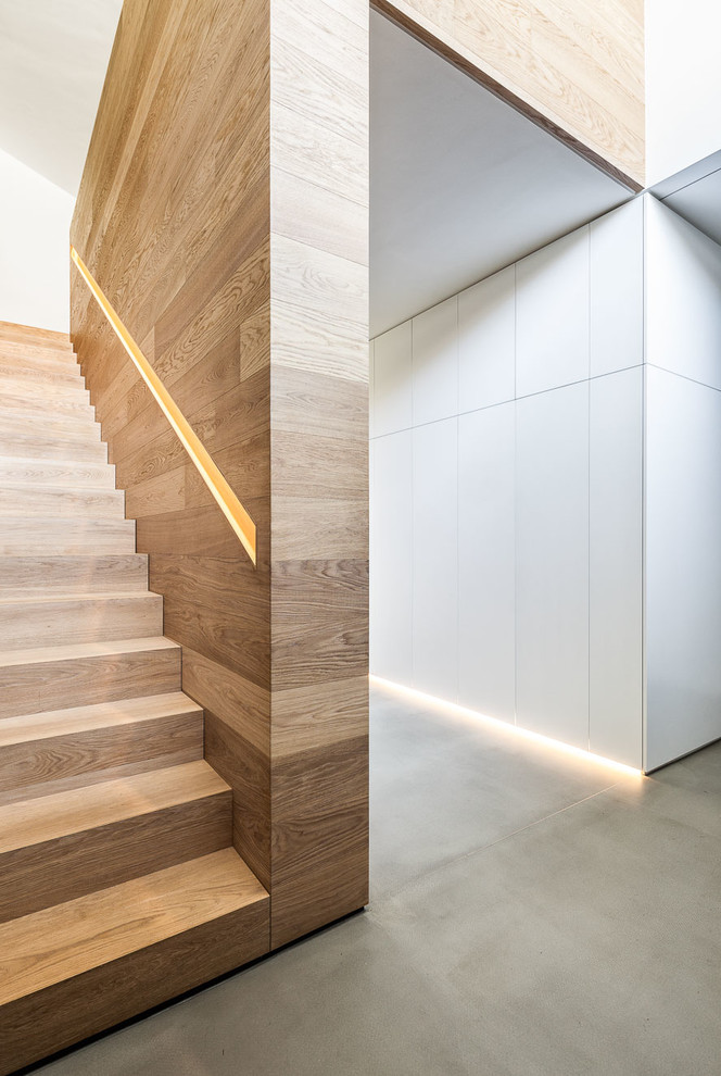 Inspiration for a medium sized contemporary wood straight staircase in Cologne with wood risers.