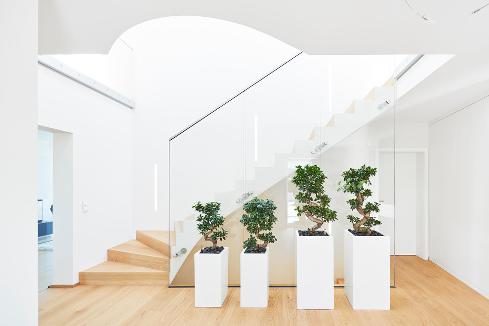 Cette image montre un grand escalier courbe minimaliste avec des marches en bois, des contremarches en bois et un garde-corps en verre.