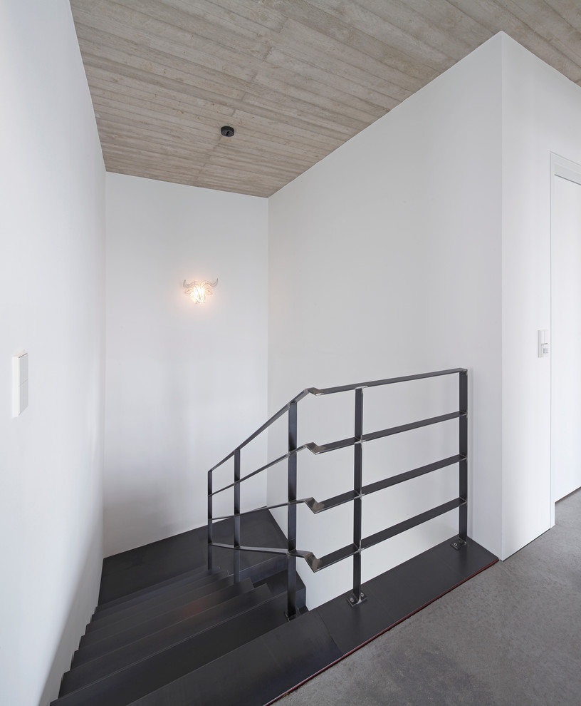 Свежая идея для дизайна: п-образная лестница среднего размера в стиле модернизм - отличное фото интерьера