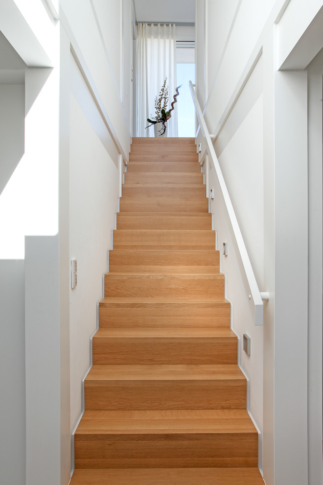 Inspiration for a medium sized contemporary wood straight wood railing staircase in Other with wood risers.