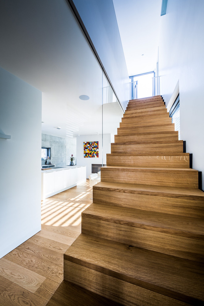 Свежая идея для дизайна: прямая лестница среднего размера в стиле модернизм с стеклянными перилами, крашенными деревянными ступенями и крашенными деревянными подступенками - отличное фото интерьера