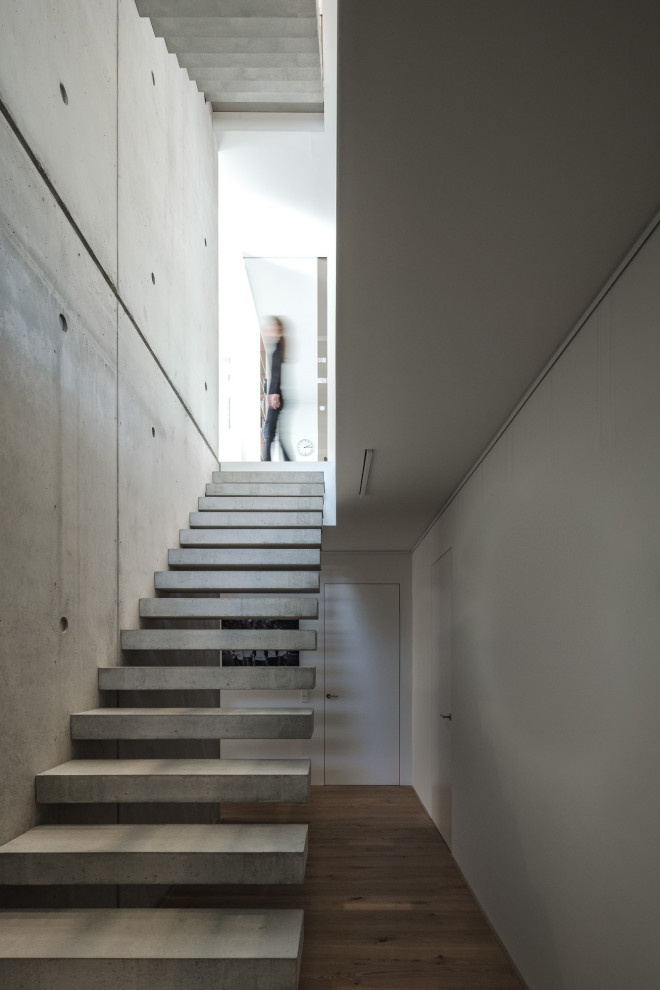 Источник вдохновения для домашнего уюта: лестница на больцах в стиле модернизм с бетонными ступенями без подступенок