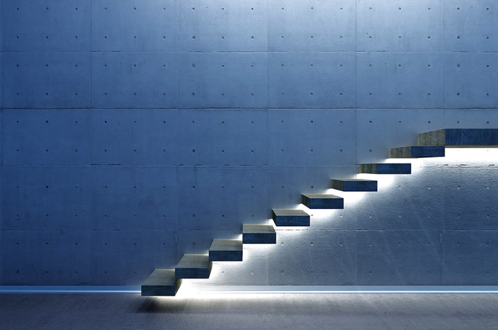 Стильный дизайн: бетонная лестница на больцах в стиле модернизм с бетонными ступенями - последний тренд