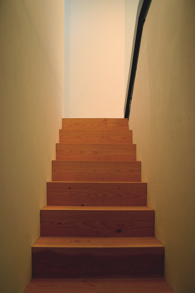 Foto de escalera recta contemporánea extra grande con escalones de madera y contrahuellas de madera