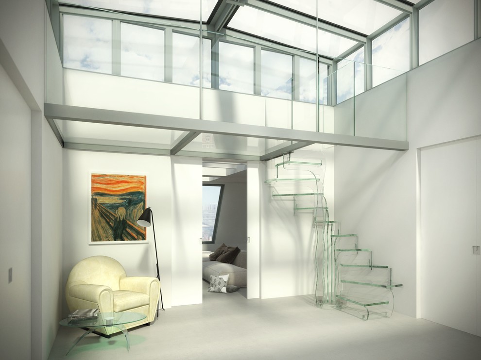 Idée de décoration pour un escalier courbe design de taille moyenne avec des marches en verre, des contremarches en verre, un garde-corps en verre et éclairage.