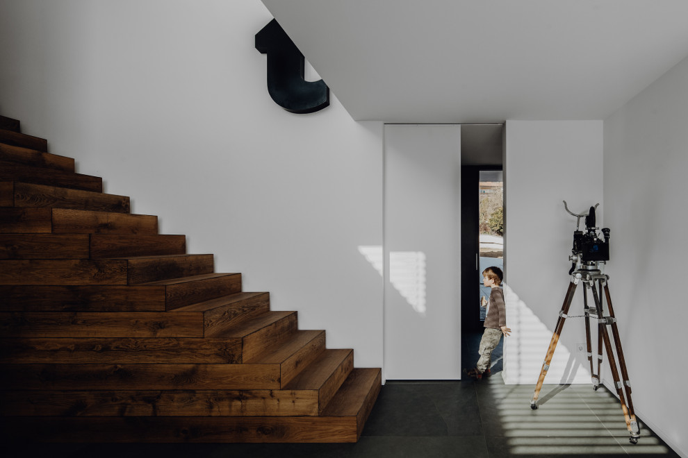 Ejemplo de escalera recta minimalista grande con escalones de madera y contrahuellas de madera