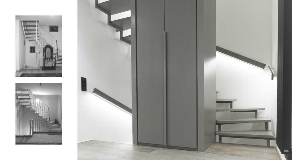 Gewendelte, Mittelgroße Moderne Treppe mit offenen Setzstufen in Düsseldorf