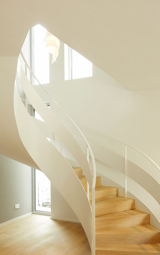 Cette image montre un grand escalier courbe design avec des marches en bois et des contremarches en bois.