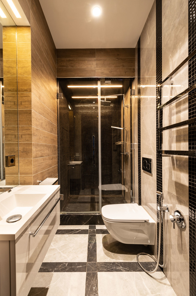 На фото: ванная комната среднего размера в стиле лофт с серой плиткой с