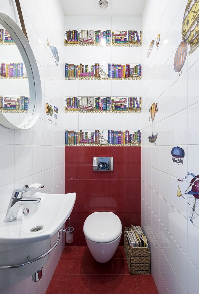 Идея дизайна: туалет в современном стиле с инсталляцией, красной плиткой, белой плиткой, разноцветной плиткой, керамической плиткой, полом из керамической плитки, подвесной раковиной и красным полом