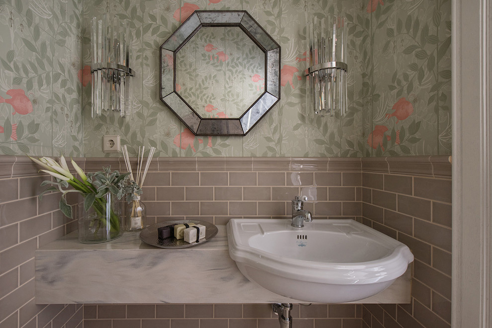 Photo of a small traditional cloakroom in Moscow with ceramic tiles, green walls, a built-in sink, engineered stone worktops, grey worktops and beige tiles.