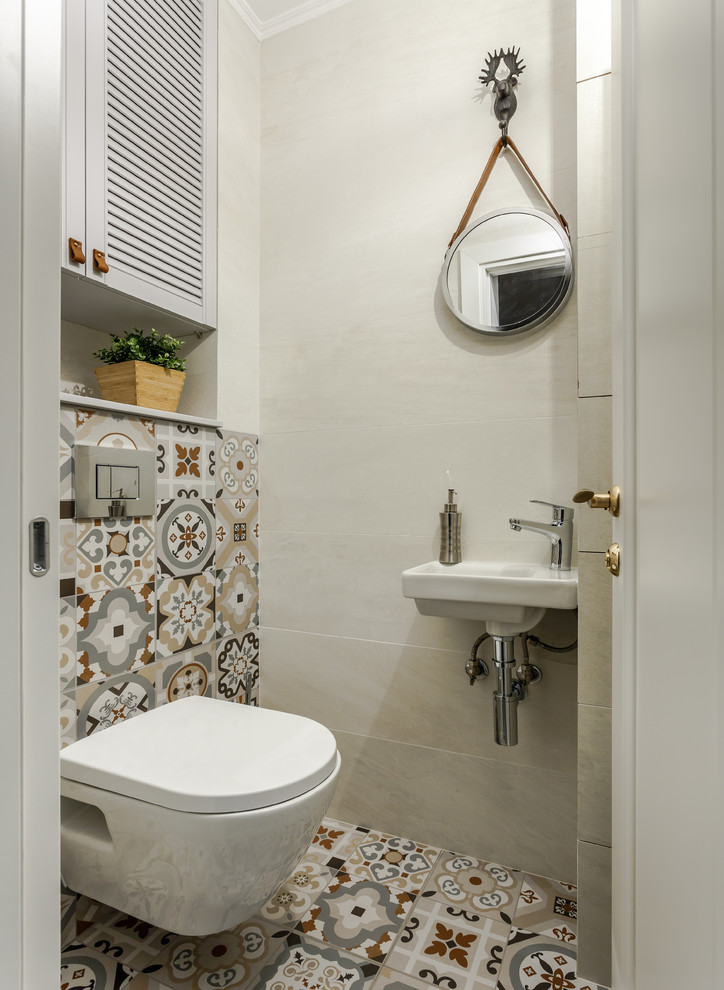 Design ideas for a scandi cloakroom in Other with a wall mounted toilet, multi-coloured tiles, grey tiles and multi-coloured floors.