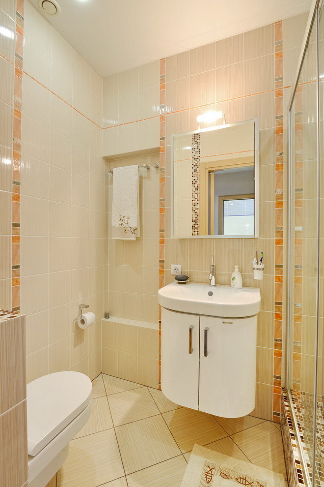 Example of a small trendy multicolored tile and ceramic tile ceramic tile and beige floor powder room design in Novosibirsk with flat-panel cabinets, white cabinets, a wall-mount toilet, multicolored walls and a wall-mount sink
