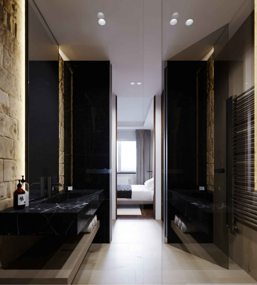 Idéer för mellanstora funkis svart toaletter, med öppna hyllor, svarta skåp, en vägghängd toalettstol, brun kakel, stenhäll, beige väggar, marmorgolv, ett undermonterad handfat, granitbänkskiva och vitt golv