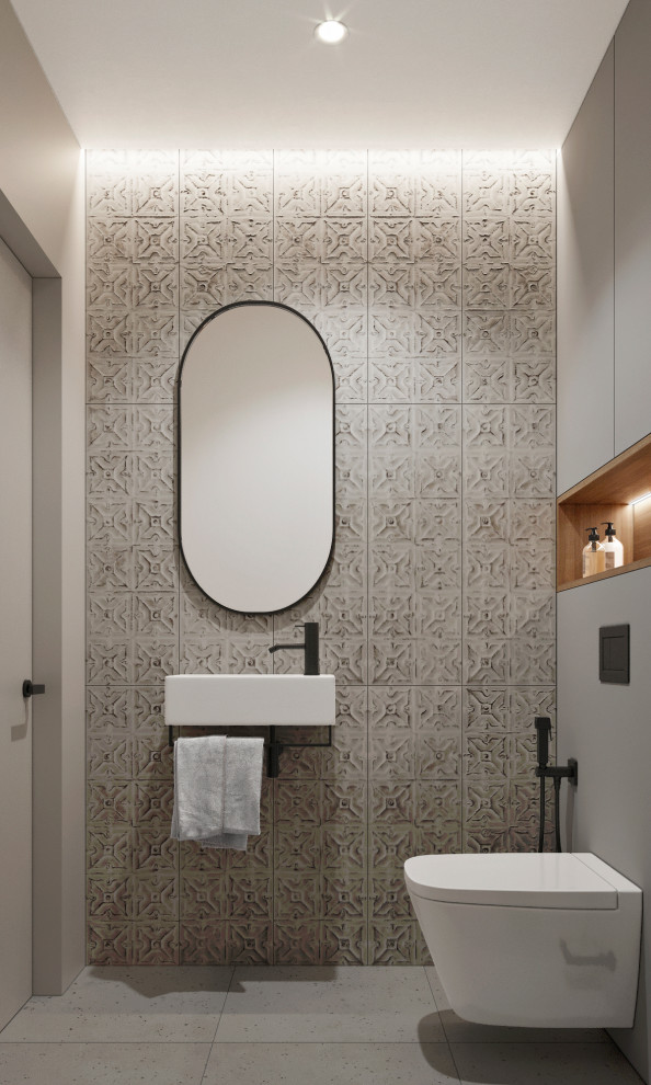 Design ideas for a small contemporary cloakroom in Other with flat-panel cabinets, grey cabinets, a wall mounted toilet, grey tiles, ceramic tiles, grey walls, porcelain flooring, a wall-mounted sink, grey floors and a floating vanity unit.