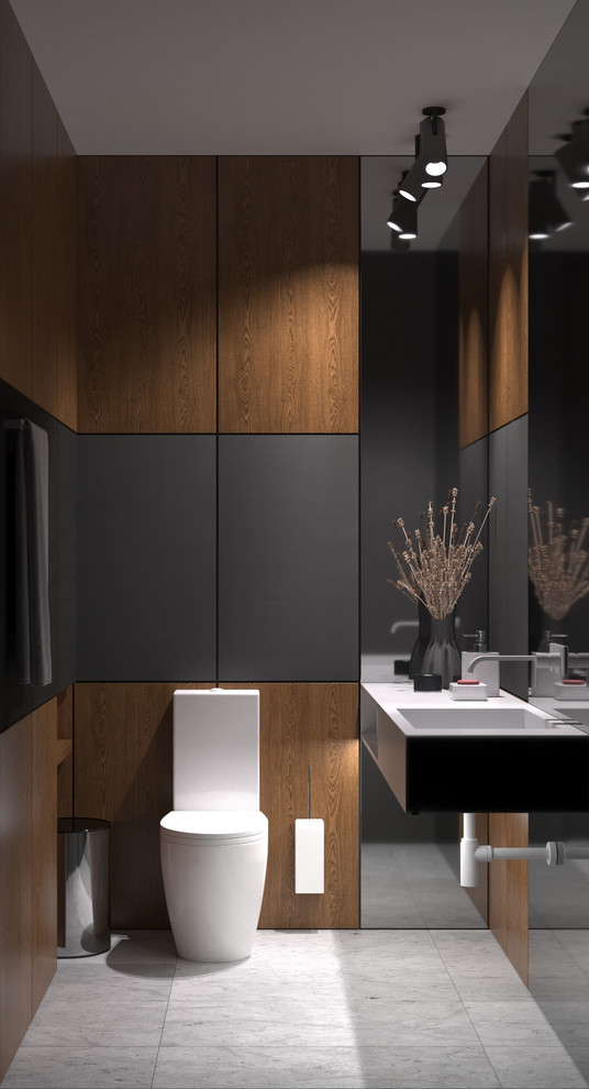 Medium sized modern cloakroom in Other with beige cabinets, a submerged sink, solid surface worktops, flat-panel cabinets, a two-piece toilet, black tiles, porcelain tiles, brown walls, cement flooring and grey floors.
