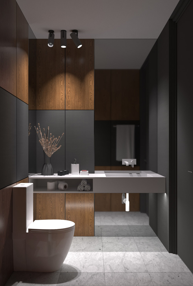 This is an example of a medium sized contemporary cloakroom in Other with shaker cabinets, beige cabinets, solid surface worktops, beige floors, a two-piece toilet, brown tiles, matchstick tiles, black walls, porcelain flooring and a console sink.