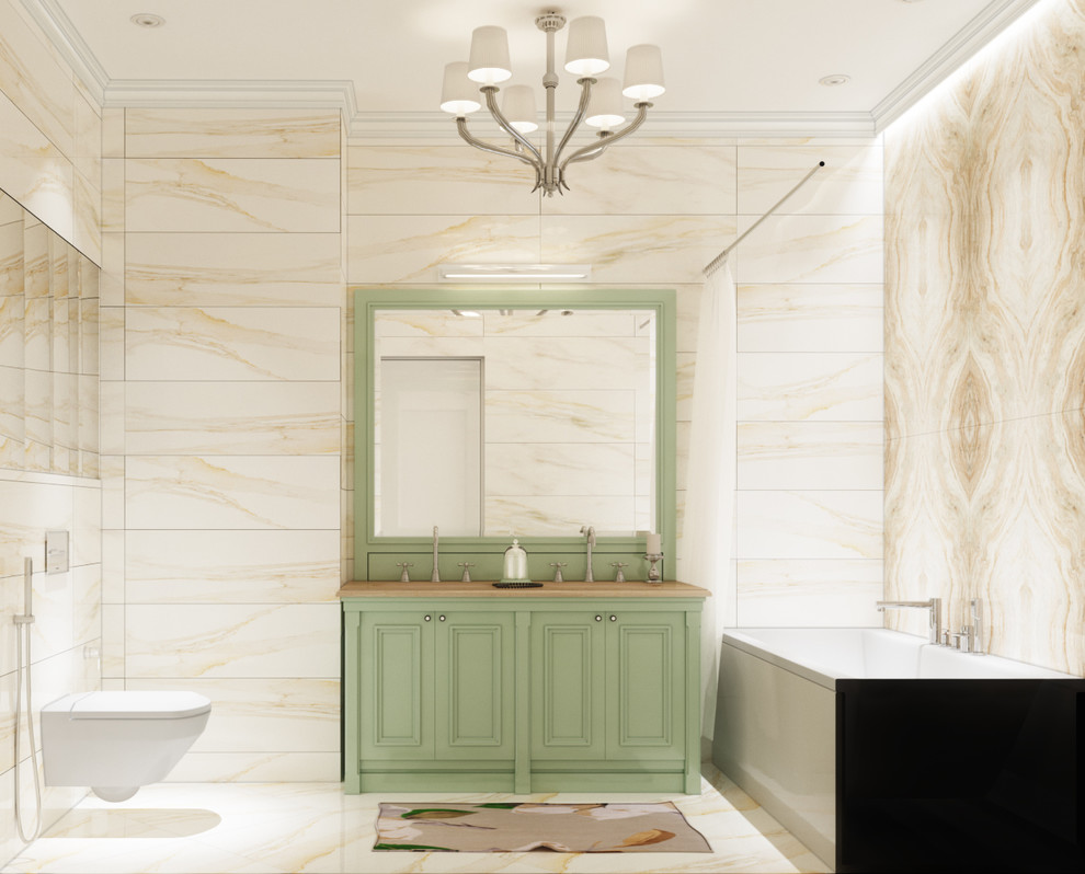 Example of a large classic brown tile and ceramic tile ceramic tile and brown floor powder room design in Other with raised-panel cabinets, green cabinets, a two-piece toilet, brown walls, an undermount sink, marble countertops and brown countertops