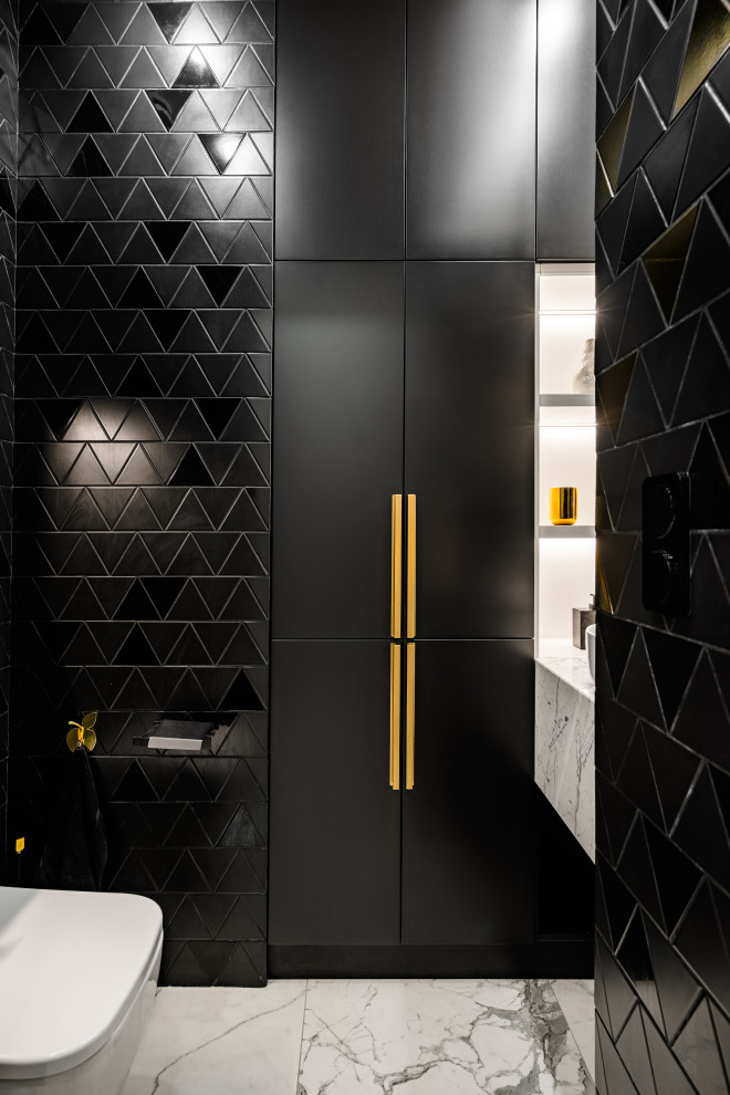 Powder room - small contemporary black tile and ceramic tile porcelain tile and white floor powder room idea in Saint Petersburg with a wall-mount toilet, black walls, a drop-in sink and a floating vanity