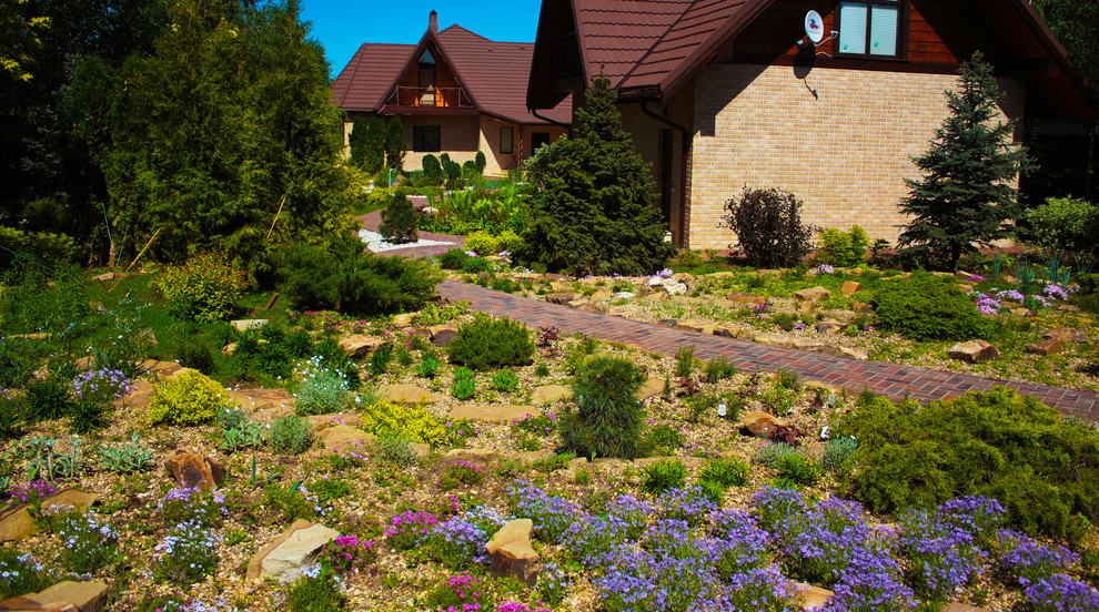 Foto di un giardino xeriscape mediterraneo esposto in pieno sole di medie dimensioni in primavera con pavimentazioni in mattoni, sassi e rocce e un pendio, una collina o una riva