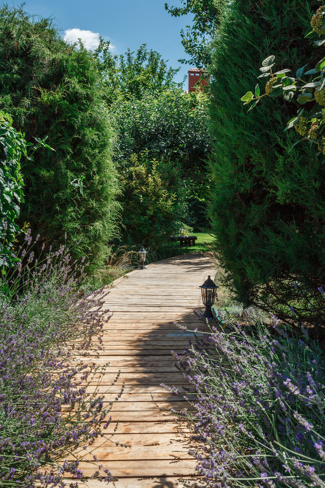 Exemple d'un jardin arrière tendance avec une terrasse en bois et un chemin.