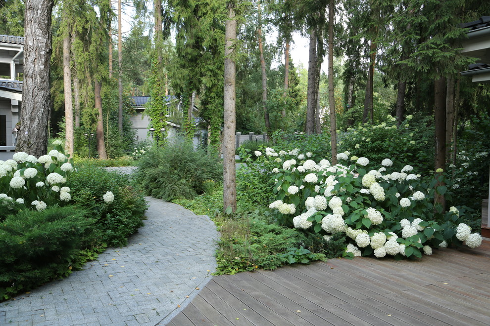 Aménagement d'un jardin scandinave de taille moyenne et l'été avec une exposition ombragée et des pavés en pierre naturelle.