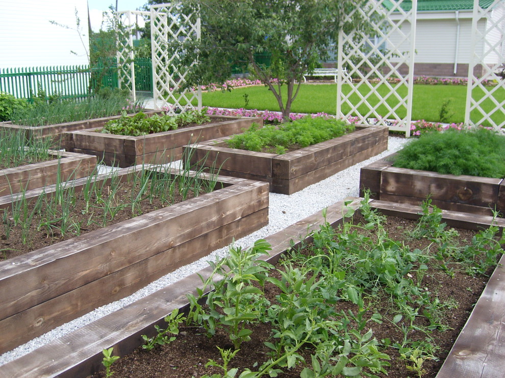 Design ideas for a small contemporary full sun courtyard gravel vegetable garden landscape in Yekaterinburg for summer.