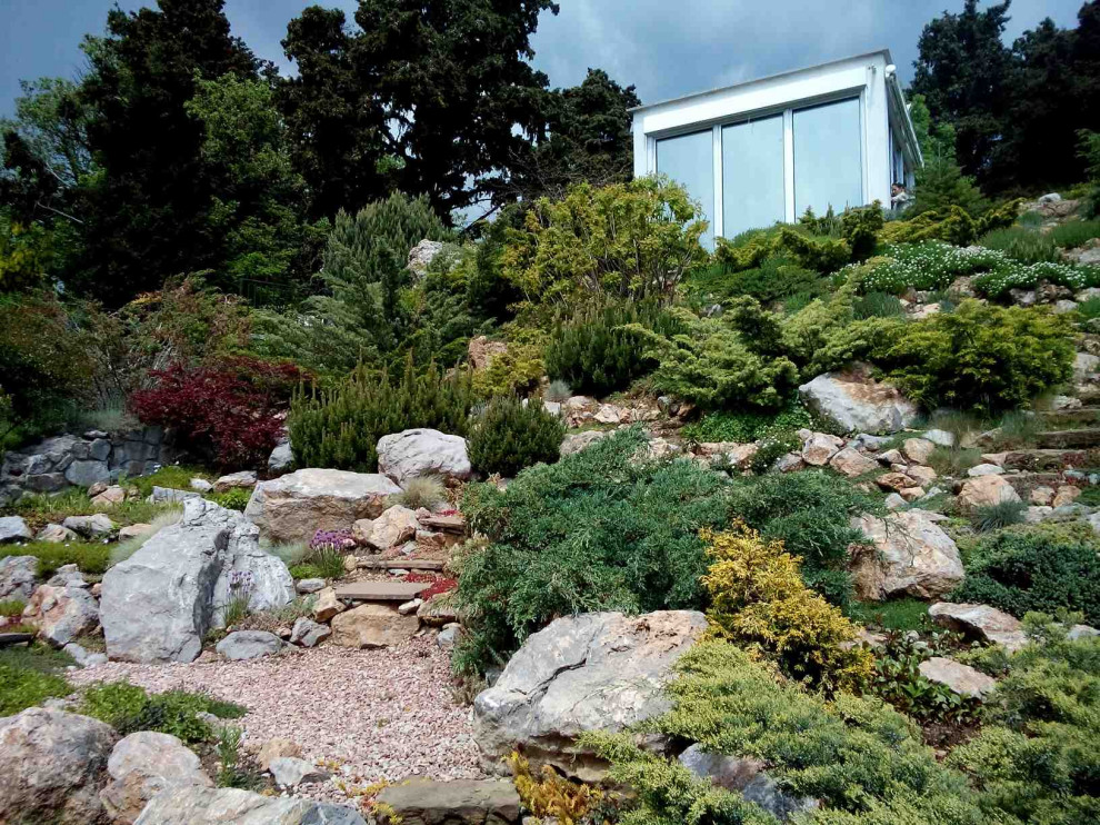 Idee per un giardino xeriscape mediterraneo con sassi e rocce e un pendio, una collina o una riva