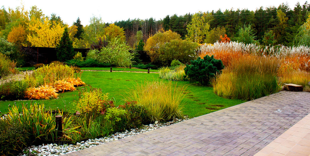 Foto di un giardino minimal esposto in pieno sole di medie dimensioni e in cortile in autunno con pavimentazioni in cemento