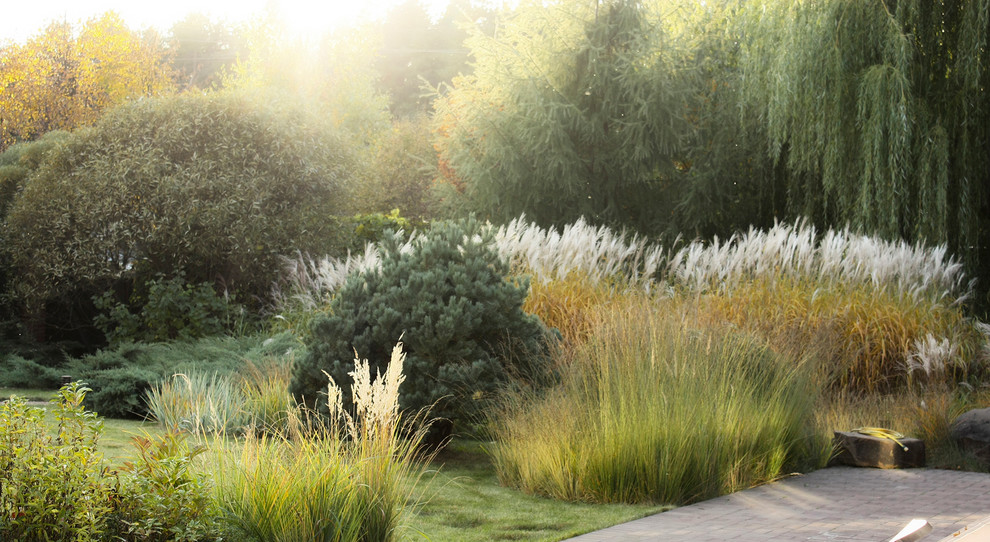 Photo of a medium sized contemporary courtyard full sun garden for autumn in Moscow with gravel.