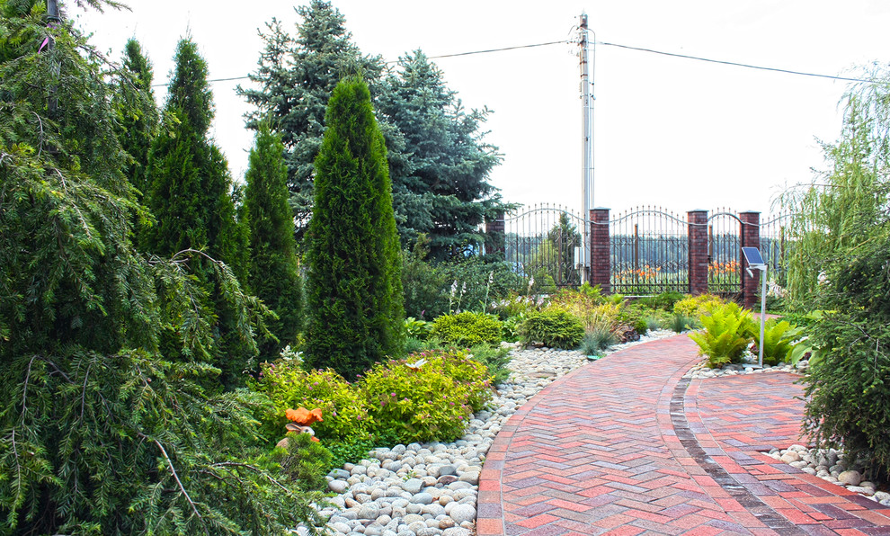 Foto di un giardino xeriscape mediterraneo esposto in pieno sole di medie dimensioni e in cortile in estate con un ingresso o sentiero e pavimentazioni in mattoni