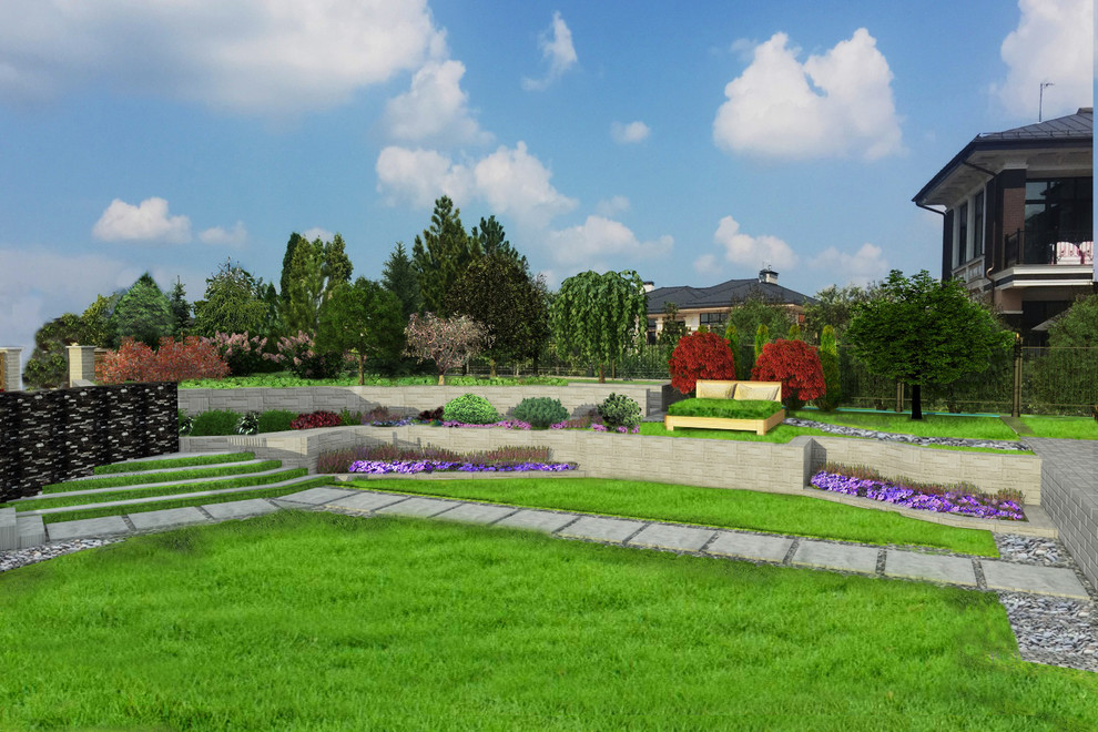 Modelo de jardín moderno de tamaño medio en verano en patio con jardín francés, cascada, exposición total al sol y piedra decorativa