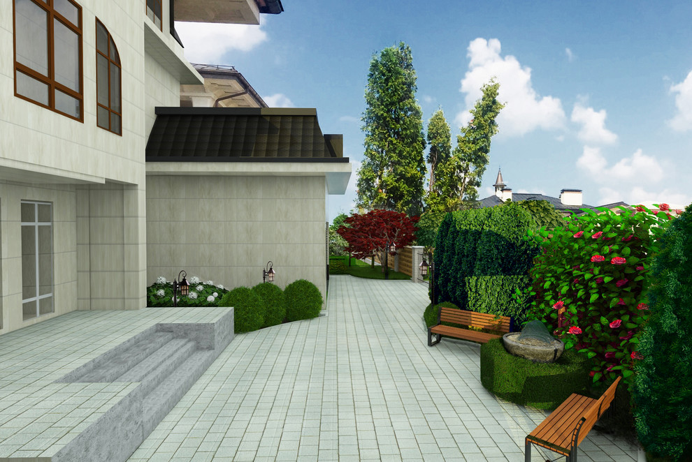 Idee per un piccolo giardino formale minimalista esposto a mezz'ombra davanti casa in estate con pavimentazioni in mattoni