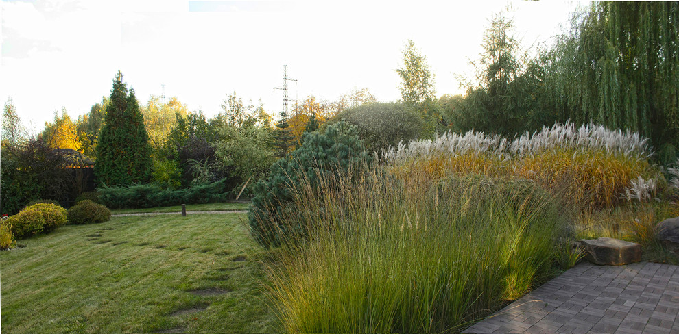 Cette photo montre un petit jardin sur cour nature l'automne avec une exposition ensoleillée et du gravier.