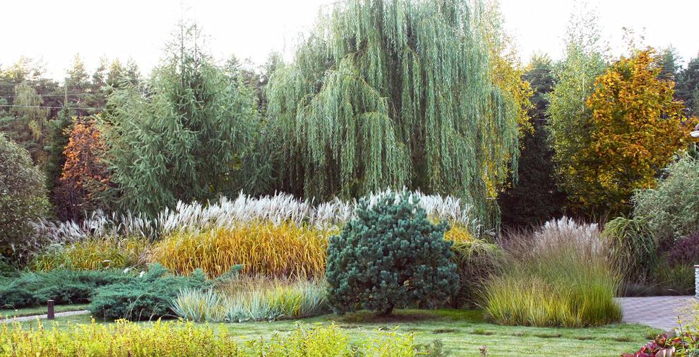 Cette image montre un jardin sur cour design de taille moyenne et l'automne avec une exposition ensoleillée et du gravier.