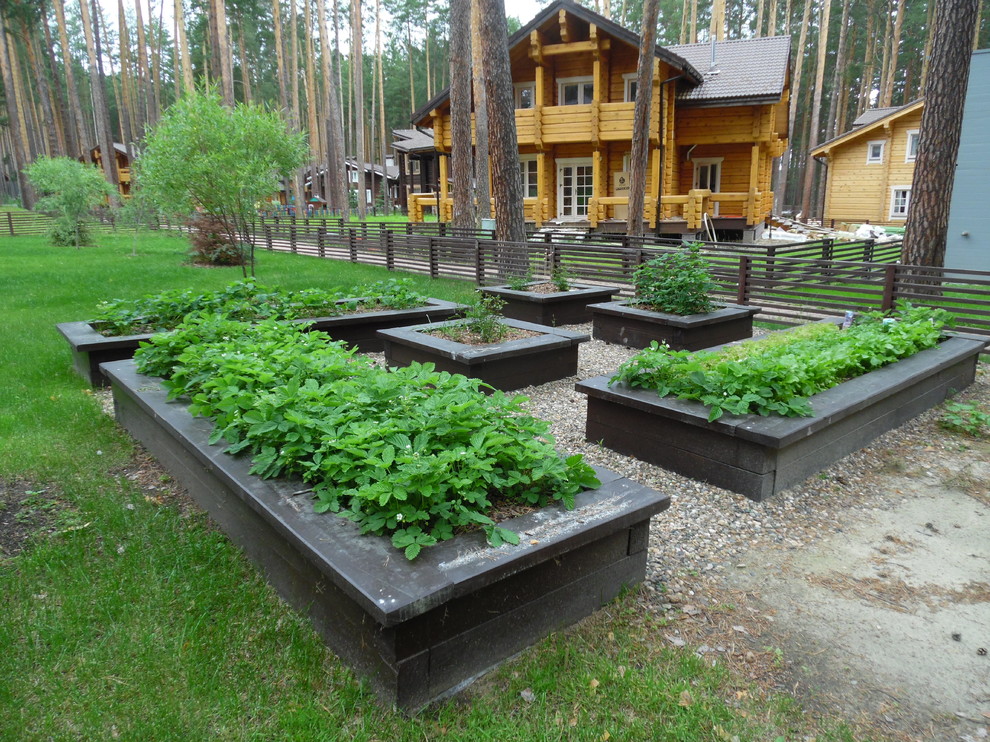 Idéer för att renovera en stor rustik gårdsplan i delvis sol på sommaren, med en köksträdgård och grus