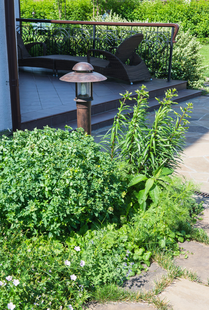 На фото: солнечный, летний участок и сад на заднем дворе с хорошей освещенностью с