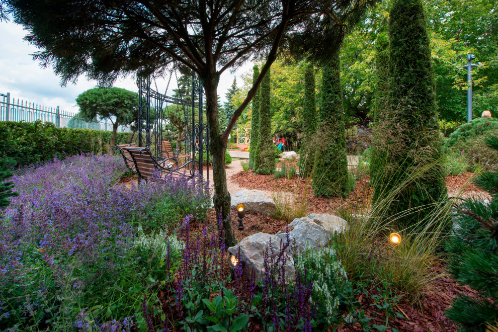 Idee per un grande giardino xeriscape mediterraneo esposto in pieno sole in cortile in estate con sassi e rocce e ghiaia