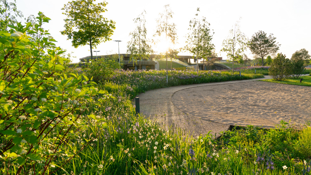 Photo of an expansive modern courtyard full sun garden for spring in Moscow with a pathway and gravel.