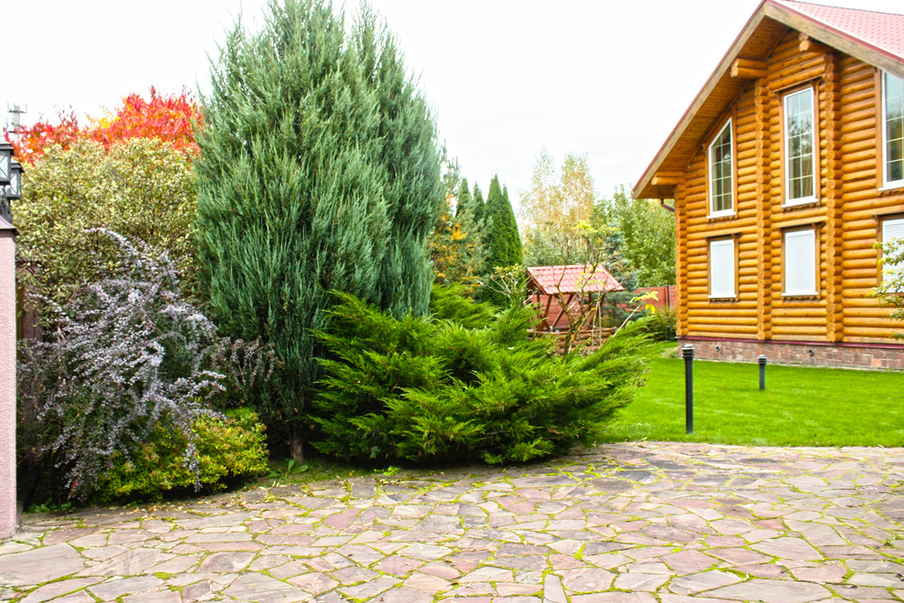 Foto di un giardino contemporaneo esposto in pieno sole di medie dimensioni e in cortile in autunno con pavimentazioni in pietra naturale